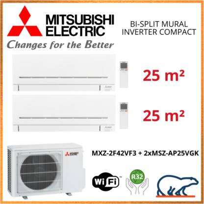 Mitsubishi Electric Multi-Split Standard – Bi-Splits – R32 – MXZ-2F42VF3 + MSZ-AP25VGK + MSZ-AP25VGK + WIFI 4.2 KW