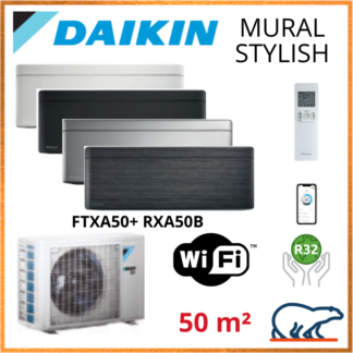 Daikin Climatisation Inverter Réversible – STYLISH Bluevolution – R32 – FTXA50AW/BS/BB/BT + RXA50B + WIFI 5.0 KW