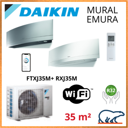 Daikin Climatisation – Design EMURA Bluevolution – R32 – FTXJ35MW/S + RXJ35M + WIFI 3.5KW