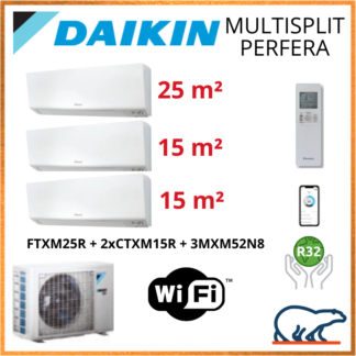 Daikin Tri-Split – PERFERA Bluevolution – R32 – 3MXM52N8 + 2 X CTXM15R + FTXM25R + WIFI 5.2 KW