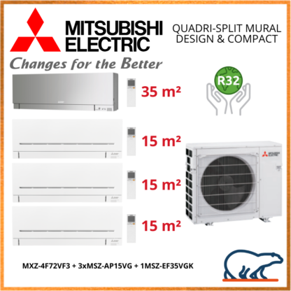 Mitsubishi Electric – Quadri-Splits Mural Inverter – R32 – MXZ-4VF72VF3 + 3 x MSZ-AP15VG + 1 x MSZ-EF35VGK 7.2kW