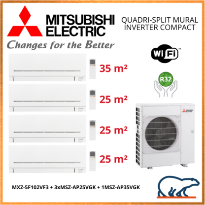 Mitsubishi Electric Standard – Quadri-Splits Mural Inverter – R32 – MXZ-5F102VF + 3 x MSZ-AP25VGK + 1 x MSZ-AP35VGK+ WIFI 10 KW