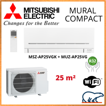 Climatiseur Mural MITSUBISHI Compact 2,5 kW – MSZ-AP25VGK + MUZ-AP25VG