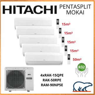 PENTASPLIT HITACHI MOKAI RAM-90NP5E + 4x RAK-15QPE + RAK-50RPE 9kW
